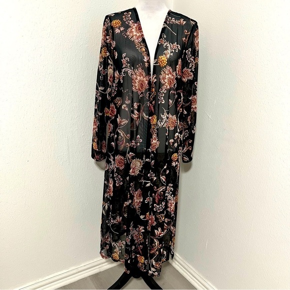 L.I.F.E Love Is For Eternity Large Blk Floral Chiffon Duster Kimono Translucent - Picture 2 of 10